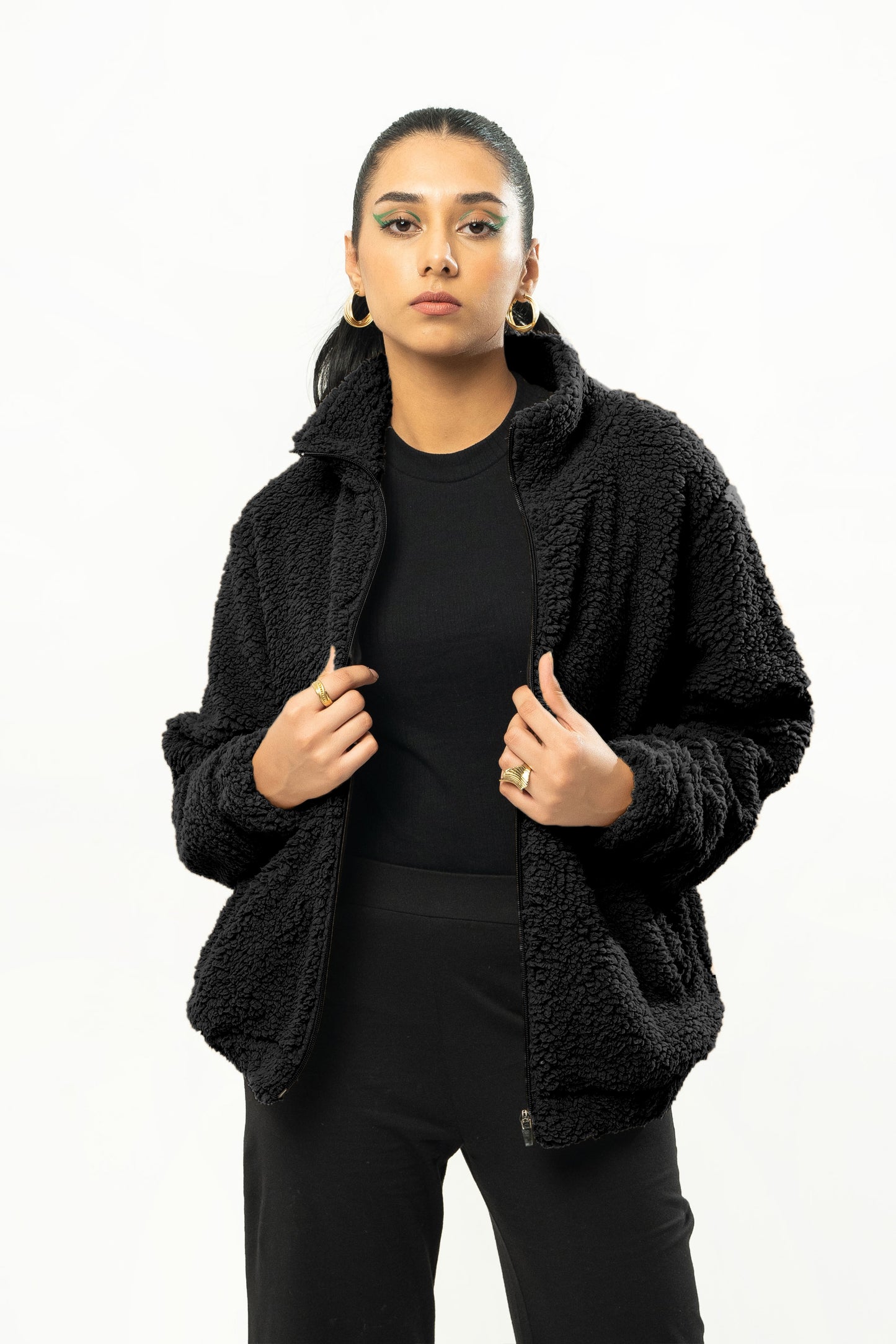 Teddy Fur Mock Zipper in Black