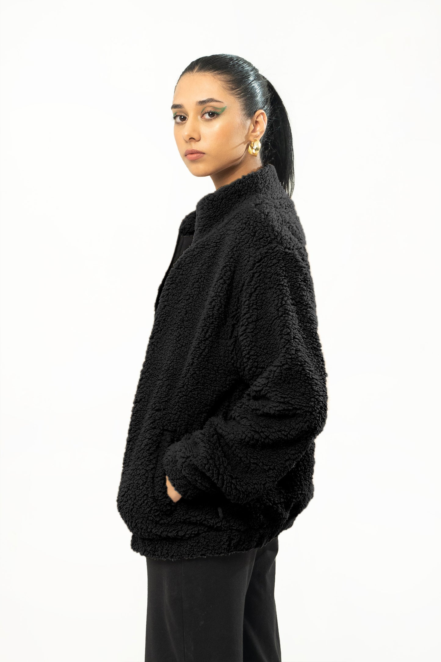 Teddy Fur Mock Zipper in Black