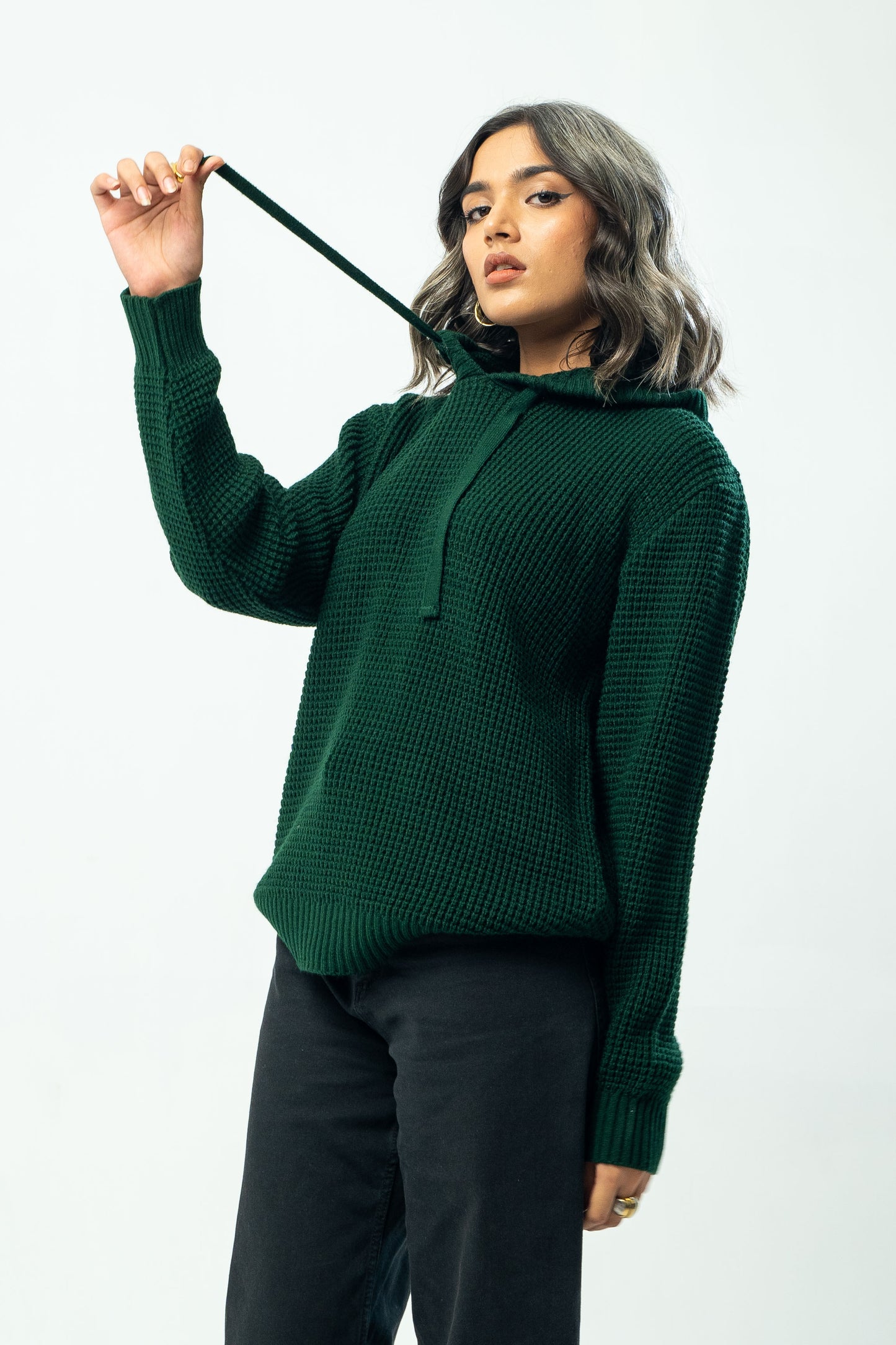 Knitted Hoodie in Bottle Green