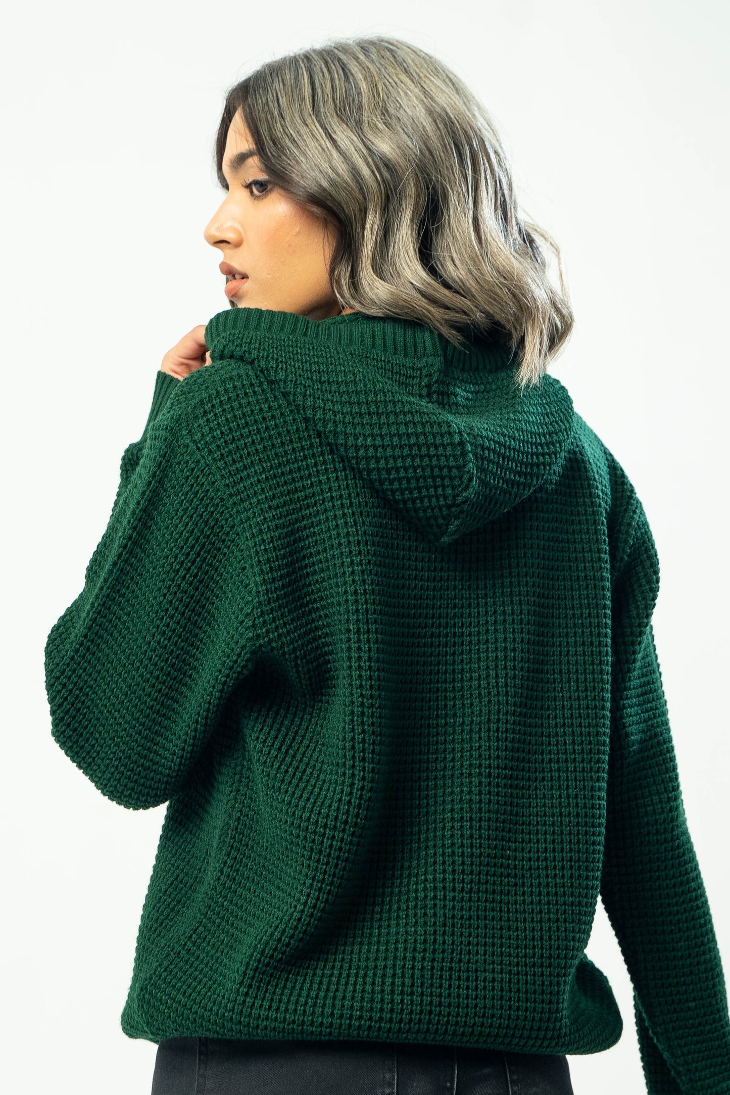 Knitted Hoodie in Bottle Green