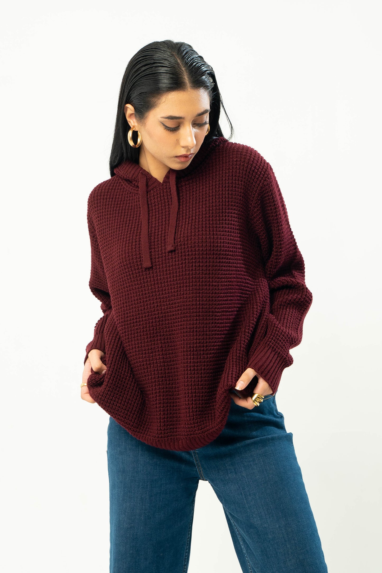Knitted Hoodie in Maroon