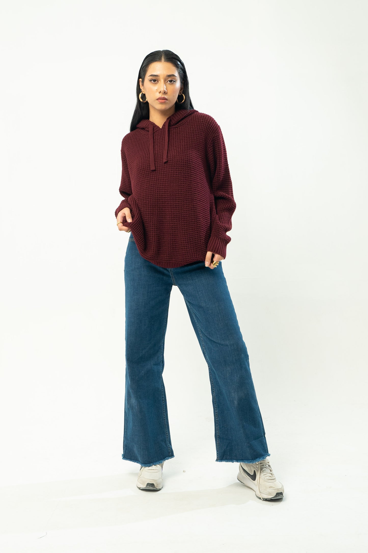 Knitted Hoodie in Maroon