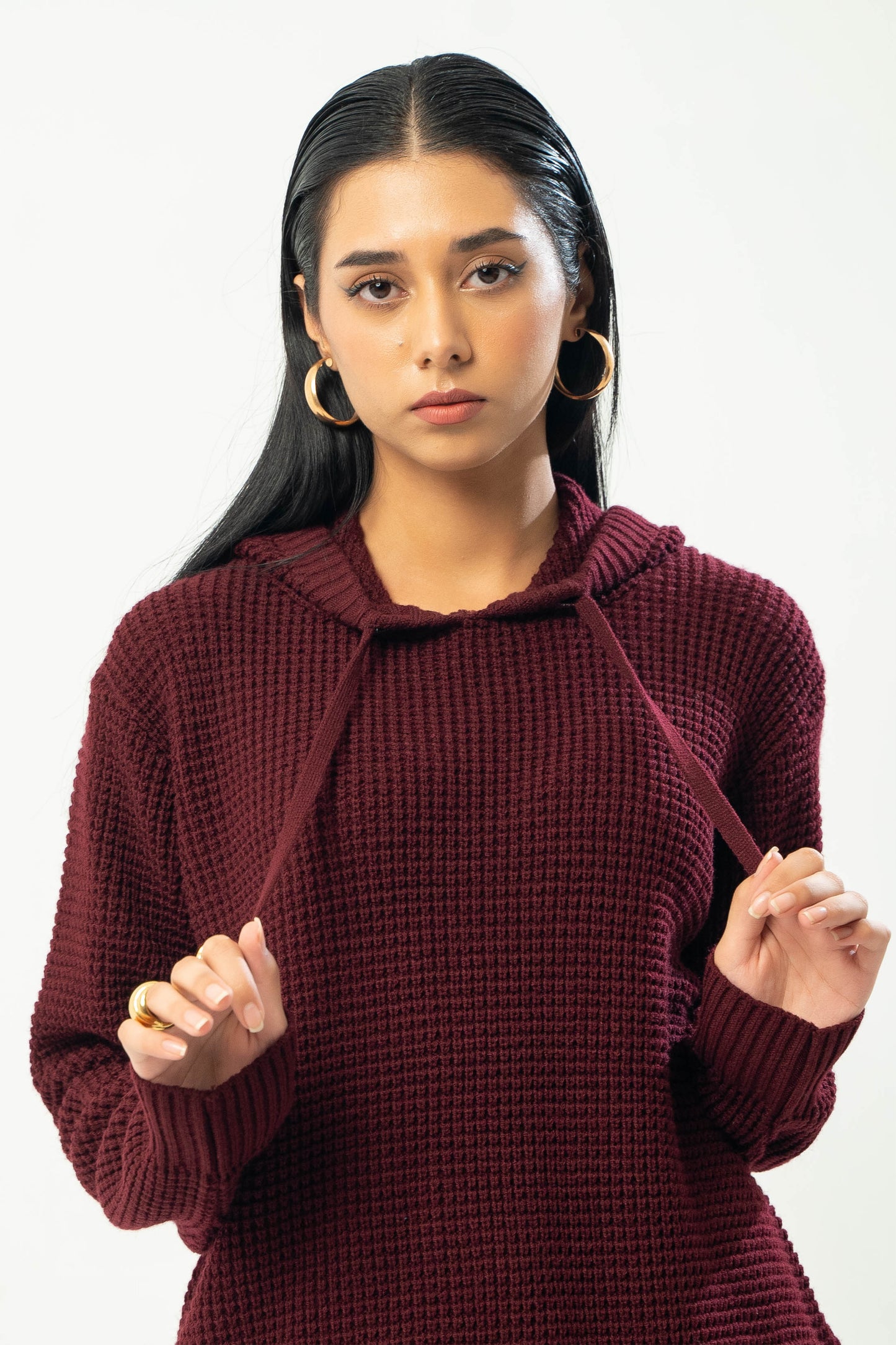 Knitted Hoodie in Maroon