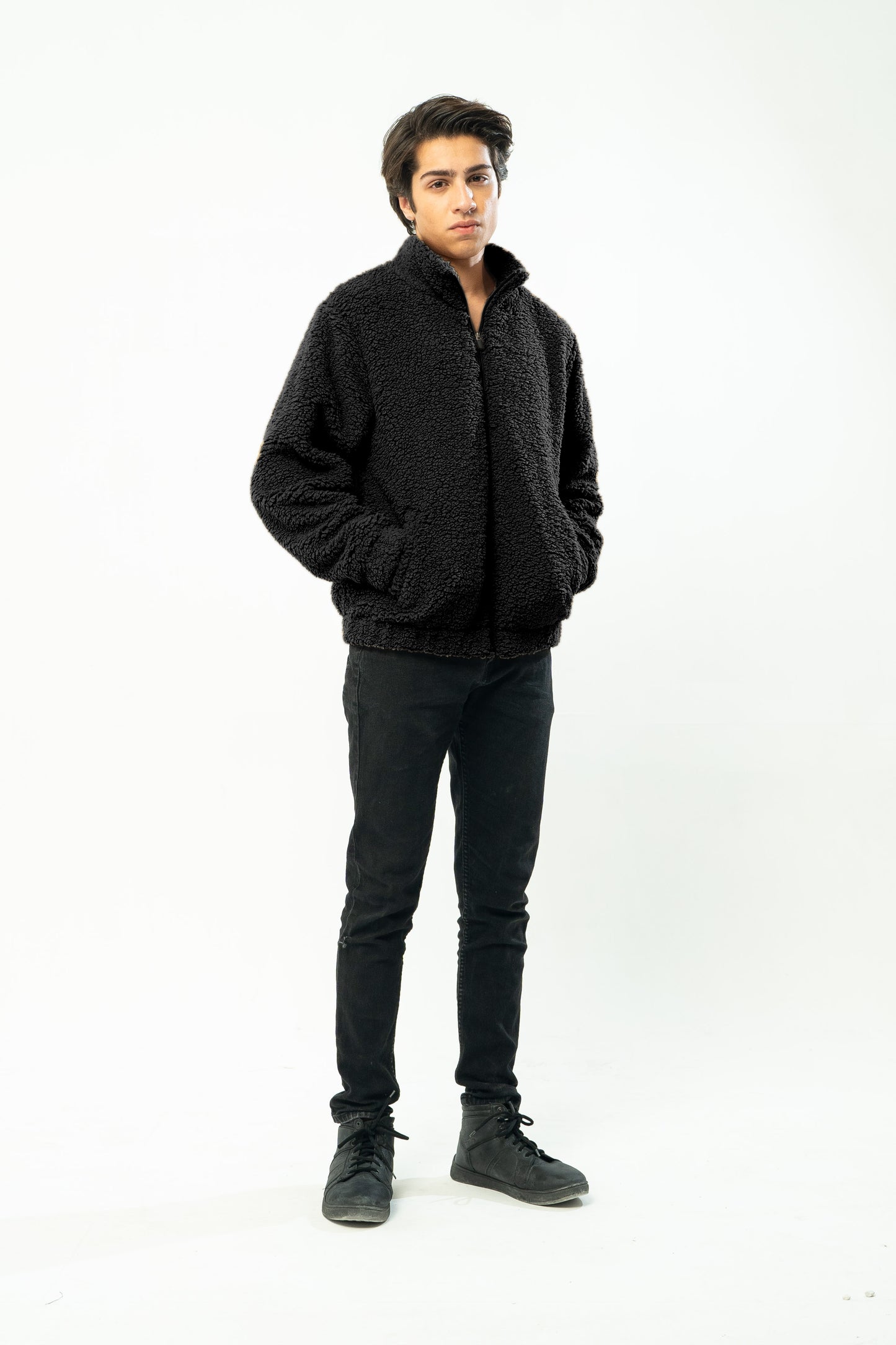 Teddy Fur Mock Zipper in Black