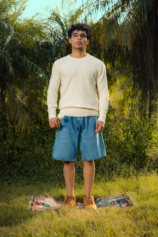 Furry Crew Neck Knitted Jumper in Snow