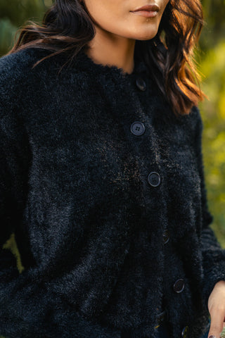 Furry Knitted Collared Cardigan in Ink Black