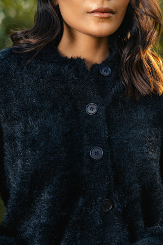 Furry Knitted Collared Cardigan in Ink Black