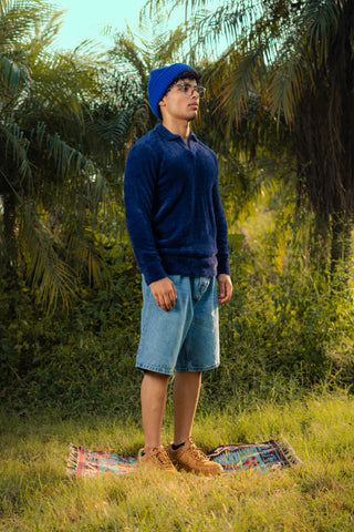 Furry Knitted Polo Jumper in Navy