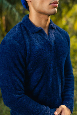 Furry Knitted Polo Jumper in Navy