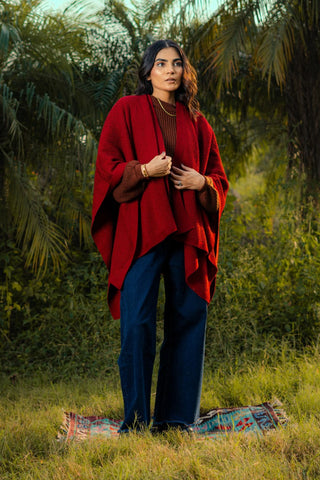 Argyle Knitted Slit Shawl  in Scarlet Red