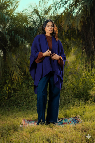 Argyle Knitted Slit Shawl in Lapis Blue