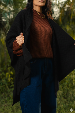 Argyle Knitted Slit Shawl in Black