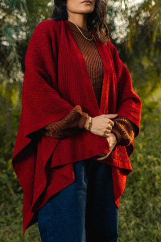 Argyle Knitted Slit Shawl  in Scarlet Red