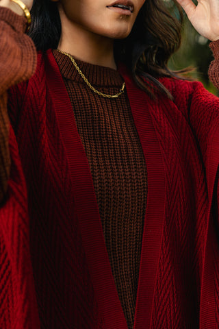 Argyle Knitted Slit Shawl  in Scarlet Red