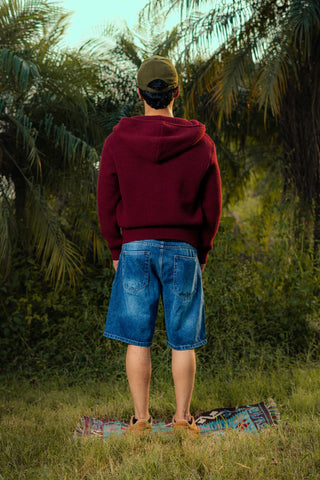 Chunky Knitted Hoodie Jumper in Rosewood