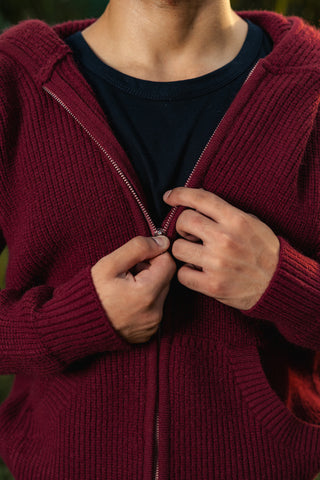 Chunky Knitted Hoodie Jumper in Rosewood