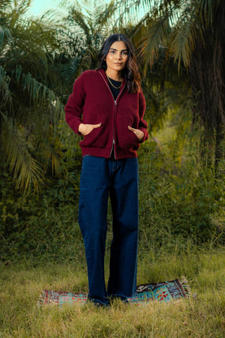 Chunky Knitted Hoodie Jumper in Rosewood