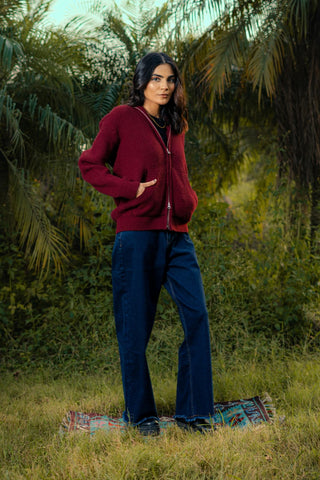 Chunky Knitted Hoodie Jumper in Rosewood