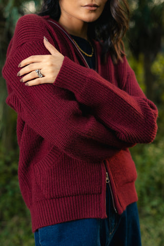 Chunky Knitted Hoodie Jumper in Rosewood