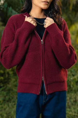 Chunky Knitted Hoodie Jumper in Rosewood