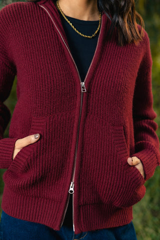 Chunky Knitted Hoodie Jumper in Rosewood