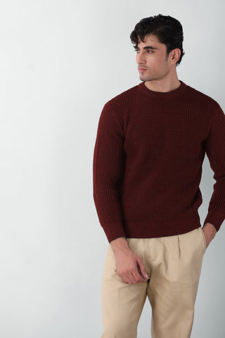 Tuck Knitted Crew Neck Jumper in Maroon