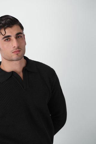 Chunky Knitted Polo Jumper in Black