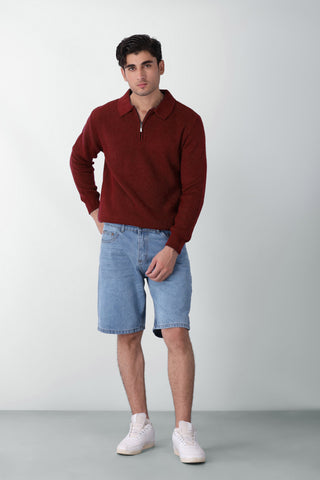 Chunky Knitted Polo Q-zip Jumper in Rosewood