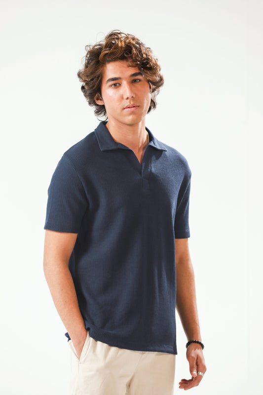 Waffle-Knit Revere Polo Shirt in Blue