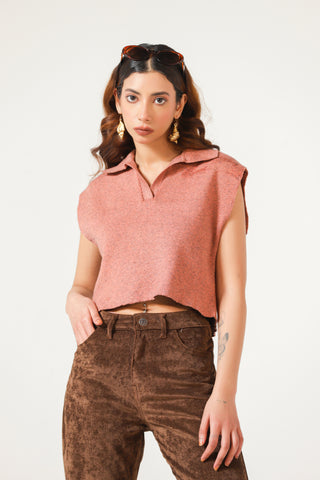 Knitted Cropped Polo in Peach