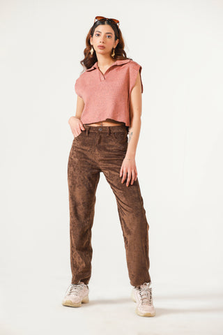 Knitted Cropped Polo in Peach