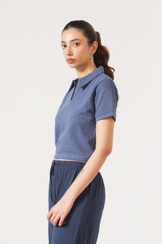 Cropped Polo Top in Blue Melange