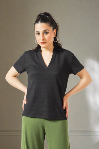 Textured Polo T-shirt in Black