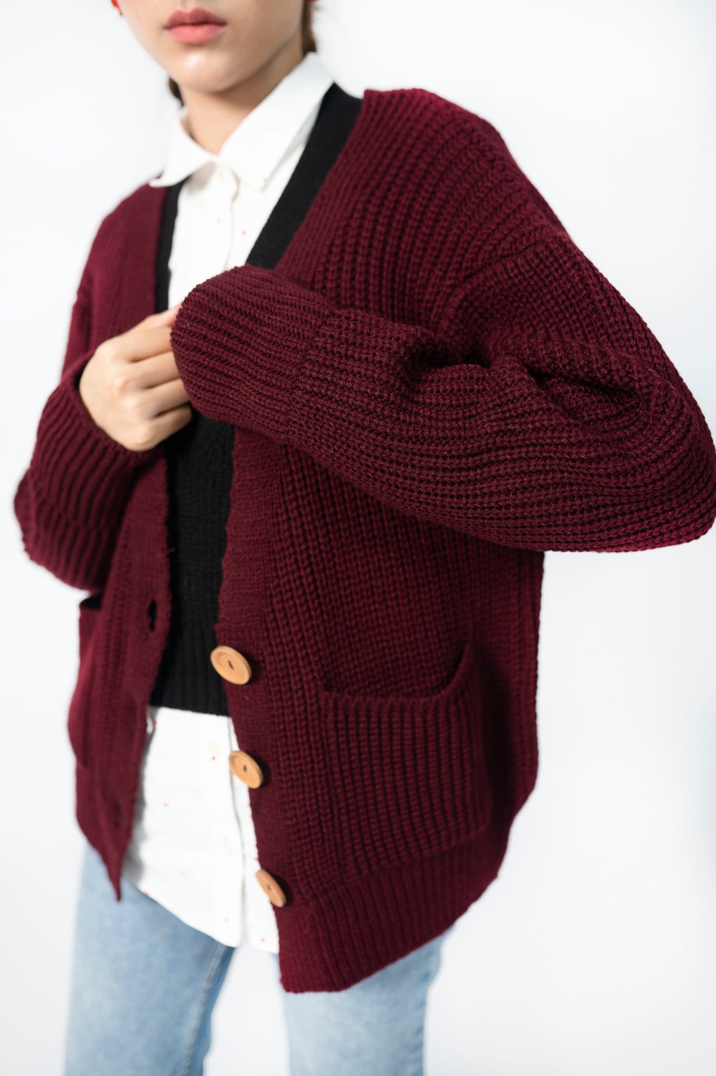 Knit Cardigan in Maroon