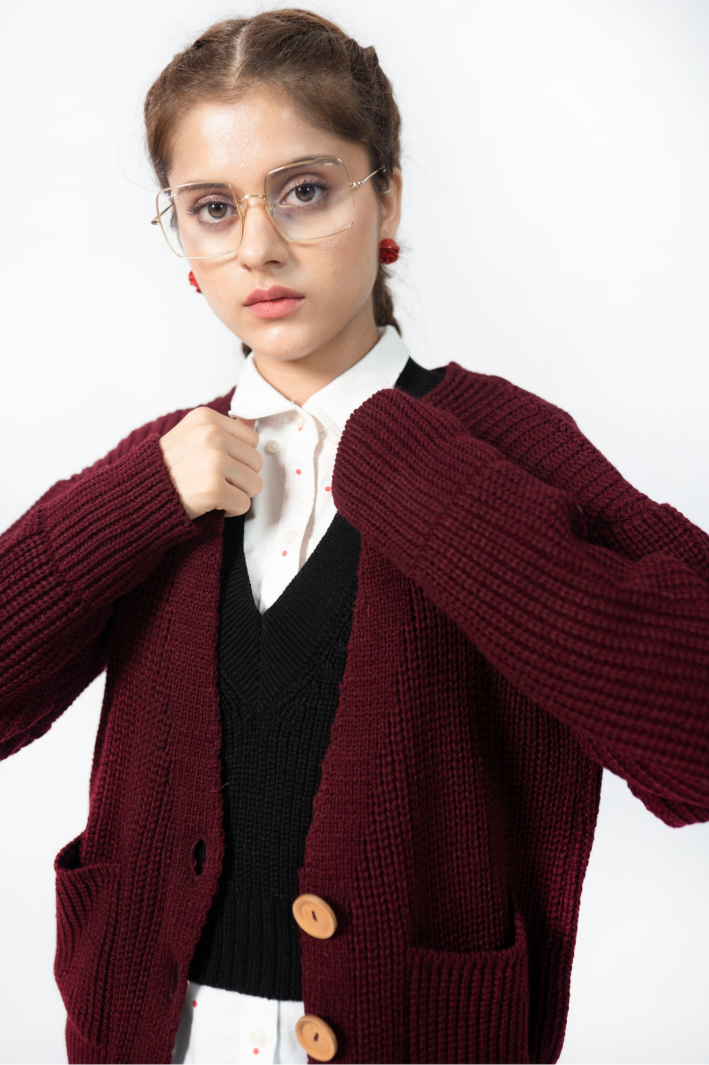 Knit Cardigan in Maroon