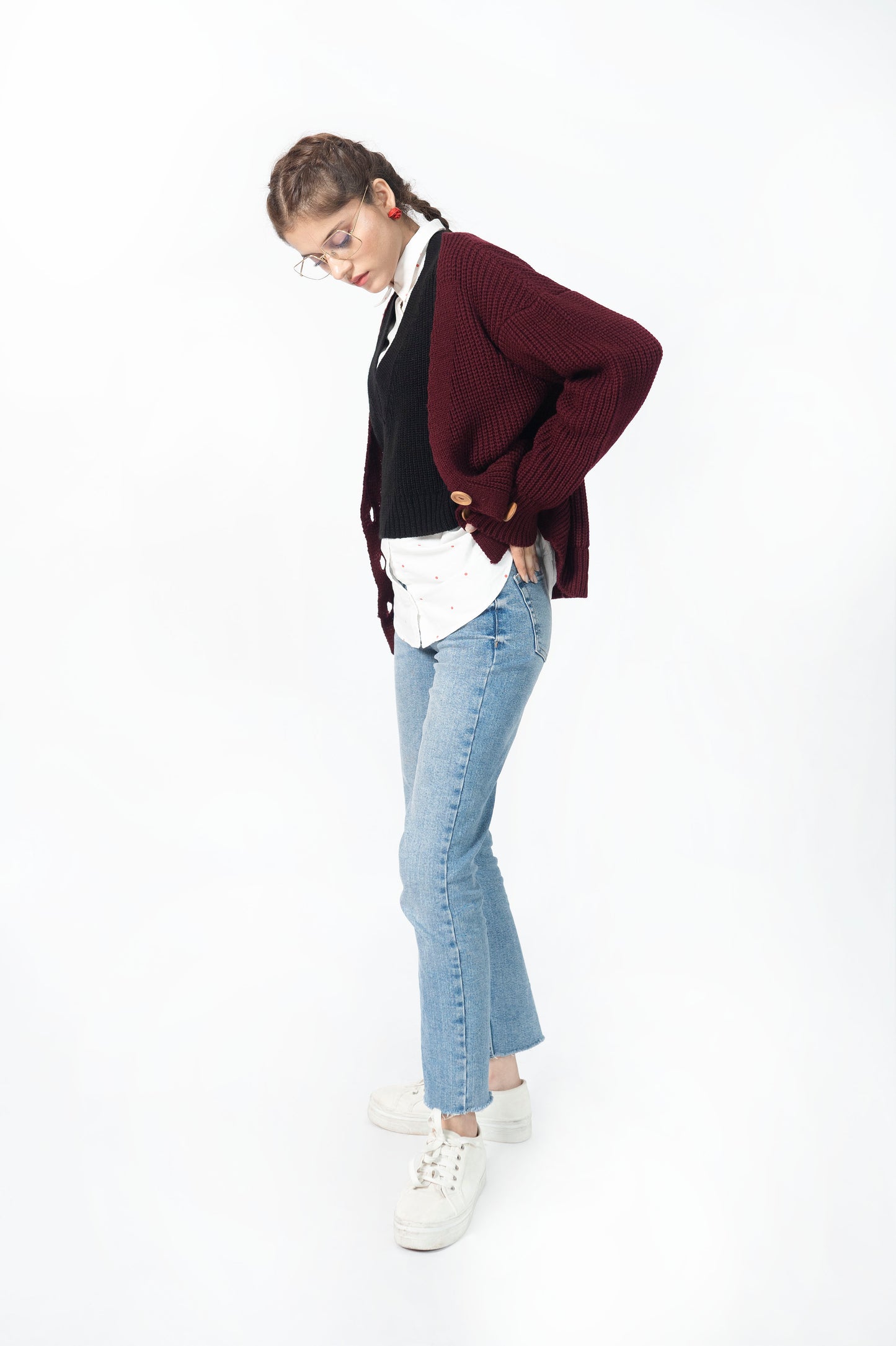 Knit Cardigan in Maroon