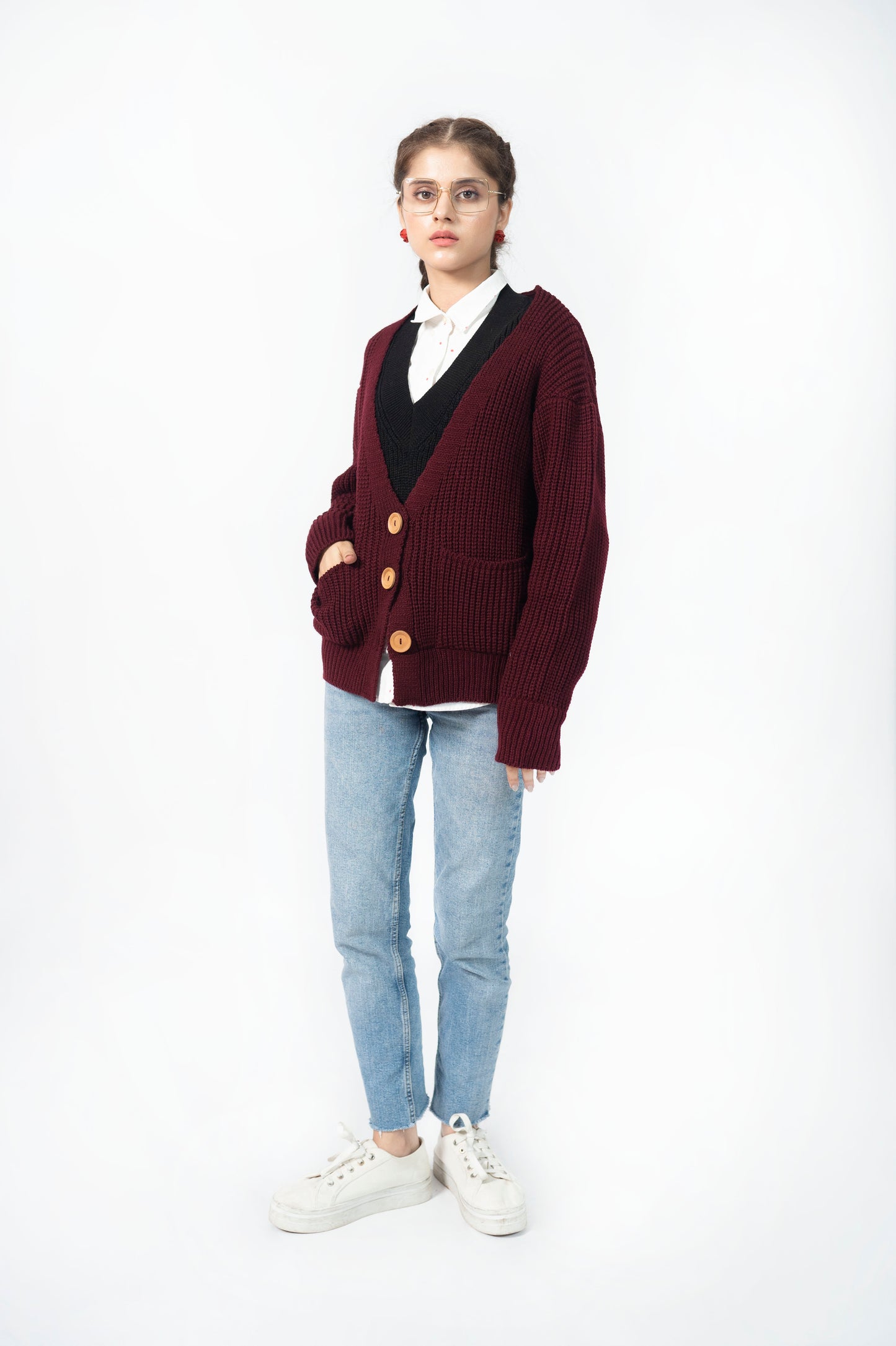 Knit Cardigan in Maroon