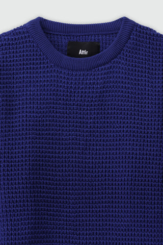 Tuck Knitted Crew Neck Jumper in Lapis Blue