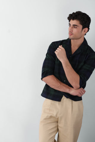 Boxy Fit Camp Collar Flannel Shirt in Green