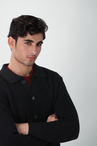 Cardigan Knitted Collared Jumper in Ink Black