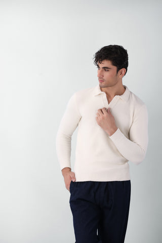 Furry Knitted Polo Jumper in Snow