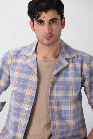 Boxy Fit Camp Collar Flannel Shirt in Blue