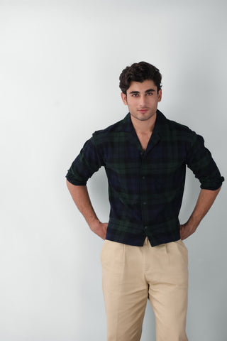 Boxy Fit Camp Collar Flannel Shirt in Green