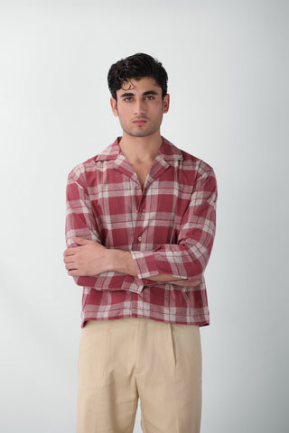 Boxy Fit Camp Collar Flannel Shirt in Red