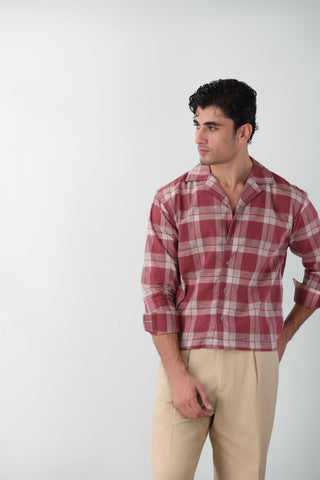 Boxy Fit Camp Collar Flannel Shirt in Red