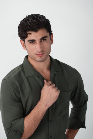 Seamless Collar Detail Boxy Shirt in Forest Green