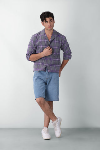 Boxy Fit Camp Collar Flannel Shirt in Grey