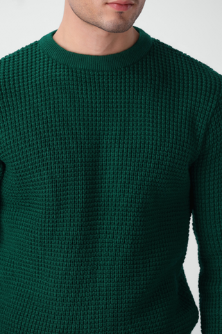 Tuck Knitted Crew Neck Jumper in Bottle Green