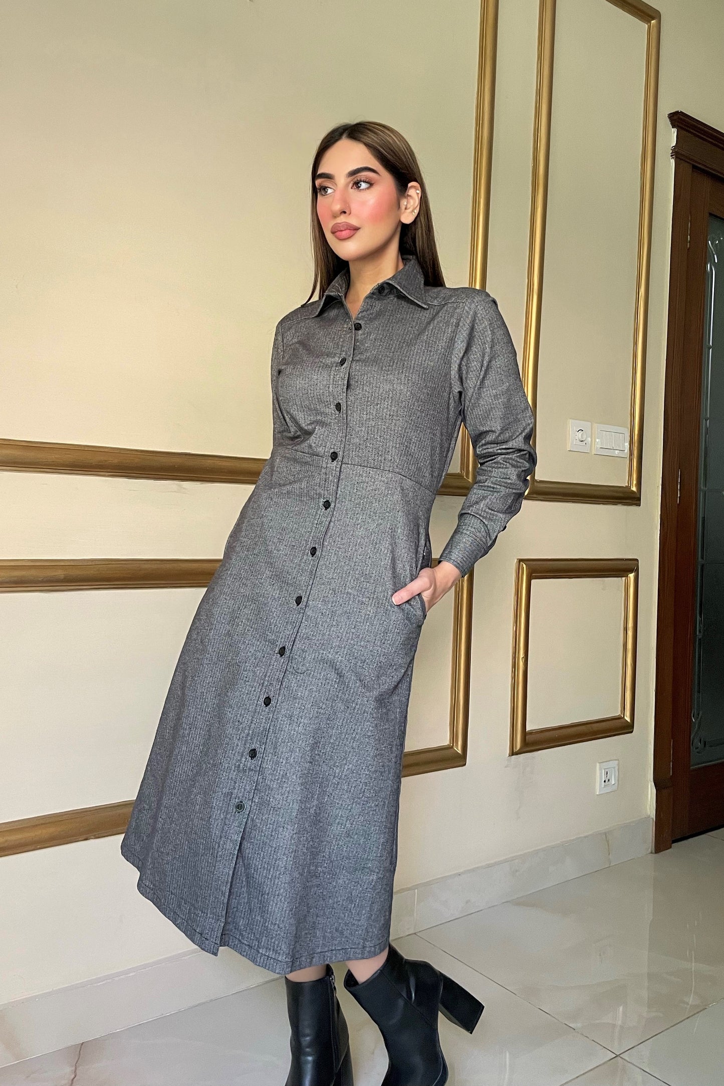 Long Dress in Herringbone Weave