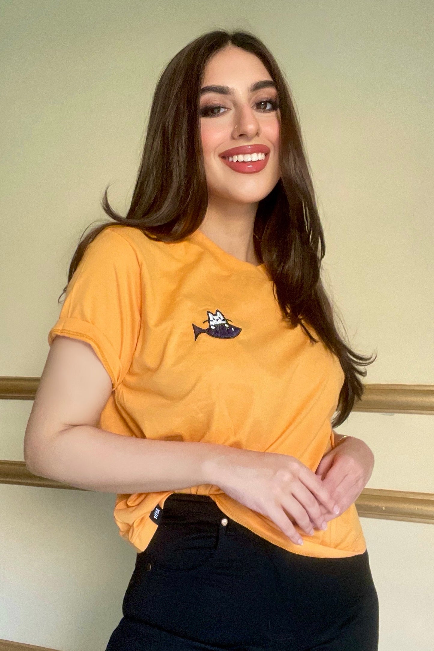 Boxy Tee with Cat Embroidery